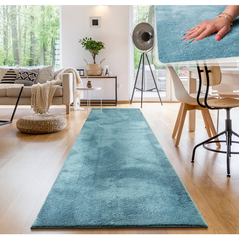 foto del prodotto paco home tappeto moderno per soggiorno a pelo corto lavabile morbido uni effetto pelliccia antiscivolo 80x300 cm, turchese