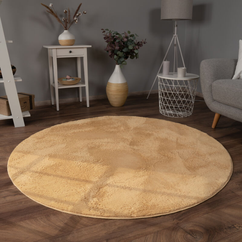 foto del prodotto paco home tappeto per soggiorno in finta pelliccia peluche alto pelo morbido disponibile in diverse colori giallo, 80 cm tondo