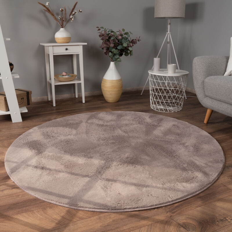foto del prodotto paco home tappeto per soggiorno in finta pelliccia peluche alto pelo morbido disponibile in diverse colori taupe, 120 cm tondo