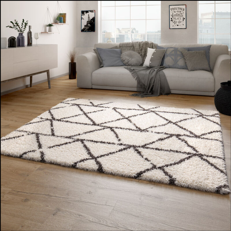 foto del prodotto paco home tappeto a pelo lungo salotto shaggy pelo lungo motivo diamante scandinavo 160x230 cm, crema 5