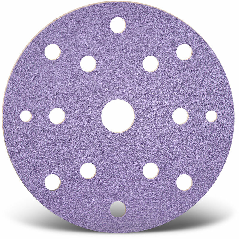 foto del prodotto menzer purple hd dischi abrasivi velcrati, 150 mm, 15 fori, p. levigatrici rotorbitali, miscela di ceramica 50 pz. g80