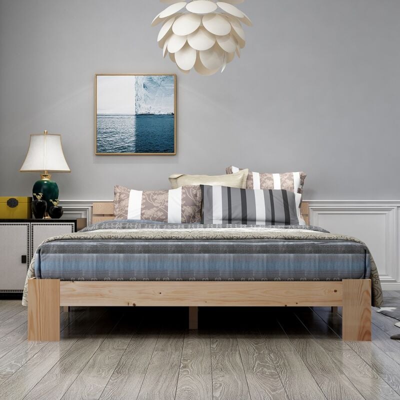 foto del prodotto letto adulto 140 x 200 cm, letto matrimoniale in legno di pino, giroletto con testiera, naturale
