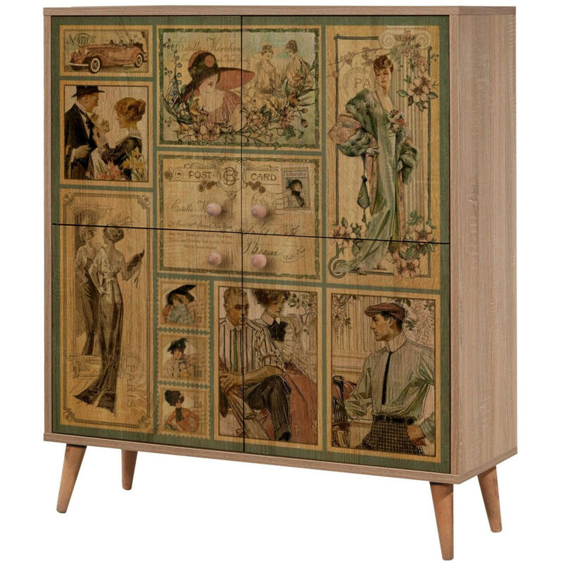 foto del prodotto credenza agyemang, buffet da soggiorno, madia da salotto, dispensa da cucina, 95x36 h111 cm, quercia e multicolore dmora