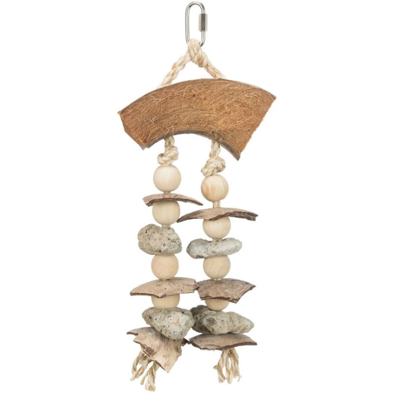 foto del prodotto gioco naturale in noce cocco conchiglie, pietra lavica legno, 35cm per uccelli