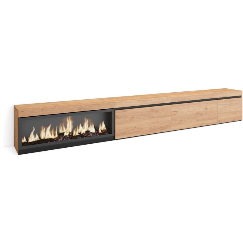 foto del prodotto mobile tv soggiorno, ampio spazio a disposizione, 317x45x35 cm, camino elettrico xxl, stile moderno, rovere skraut home