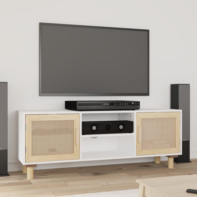 foto del prodotto vidaxl mobile tv bianco 105x30x40 cm massello pino e rattan naturale
