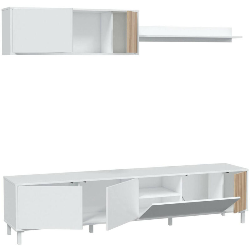 foto del prodotto dmora mobile porta tv woonsocket, armadietto soggiorno con ante, armadio pensile con mensola, credenza multiuso, 200x40h47 cm, bianco e rovere, con