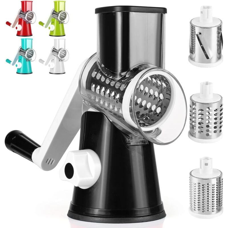 foto del prodotto affettatrice manuale da cucina, tagliaverdure multifunzione con 3 lame a tamburo staccabili, tagliaverdure per patate, aspirazione potente, carote,