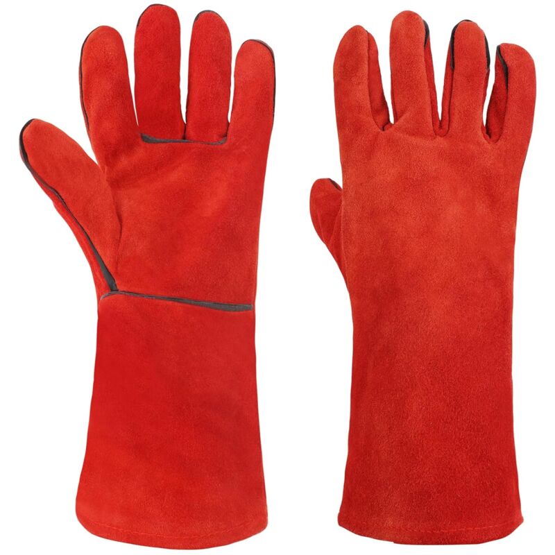 foto del prodotto guanti da saldatura lunghi in pelle, resistenti al calore e al fuoco, 3 pezzi per forno, barbecue, cottura al forno, camino, giardinaggio rosso