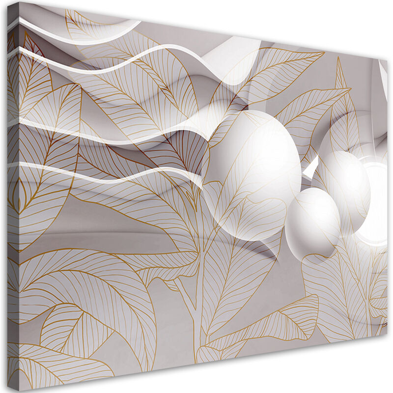 foto del prodotto gbshop quadro su tela, foglie dorate e palline 3d 120x80