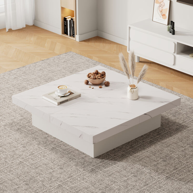 foto del prodotto tavolini bassi fissi 90x90x25cm tavolino salotto con 4 vani contenitore, piano scorrevole, pannello truciolare, bianco