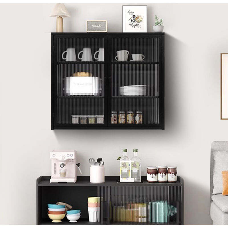 foto del prodotto mobiletto da parete, mobiletto portaoggetti per il bagno 70x23x60cm, anta in vetro, moderno, tre ripiani, soggiorno cucina, nero