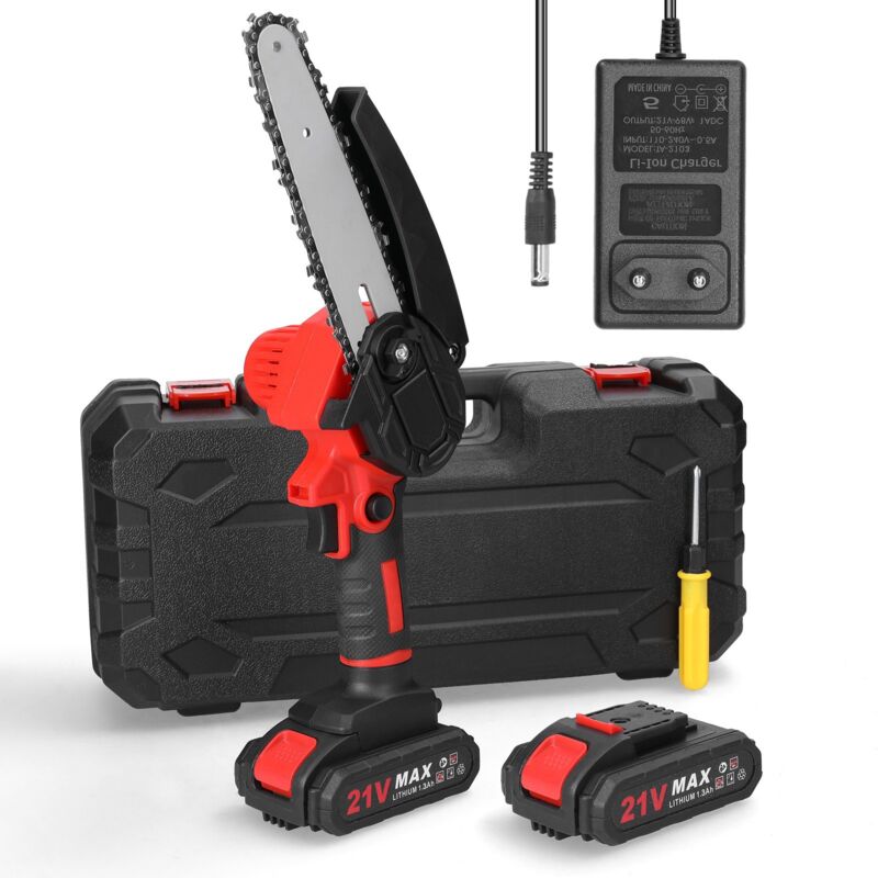 foto del prodotto mini motosega da 6 pollici con blocco di sicurezza, motosega elettrica senza fili alimentata a batteria ricaricabile da 21 v