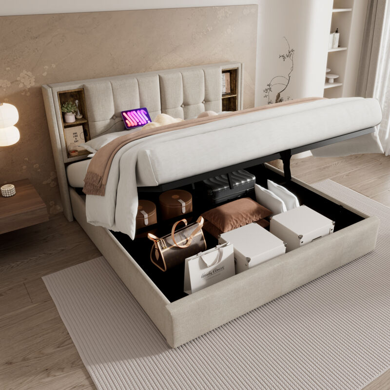 foto del prodotto letto contenitore 140 x 200 cm, con ricarica usb c, legno, lino, naturale senza materasso 