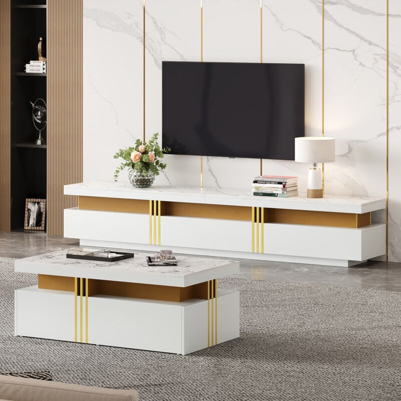 foto del prodotto set mobili soggiorno 1 mobile tv 200x40x42cm 1 tavolini bassi fissi , effetto marmo, truciolare, bianco