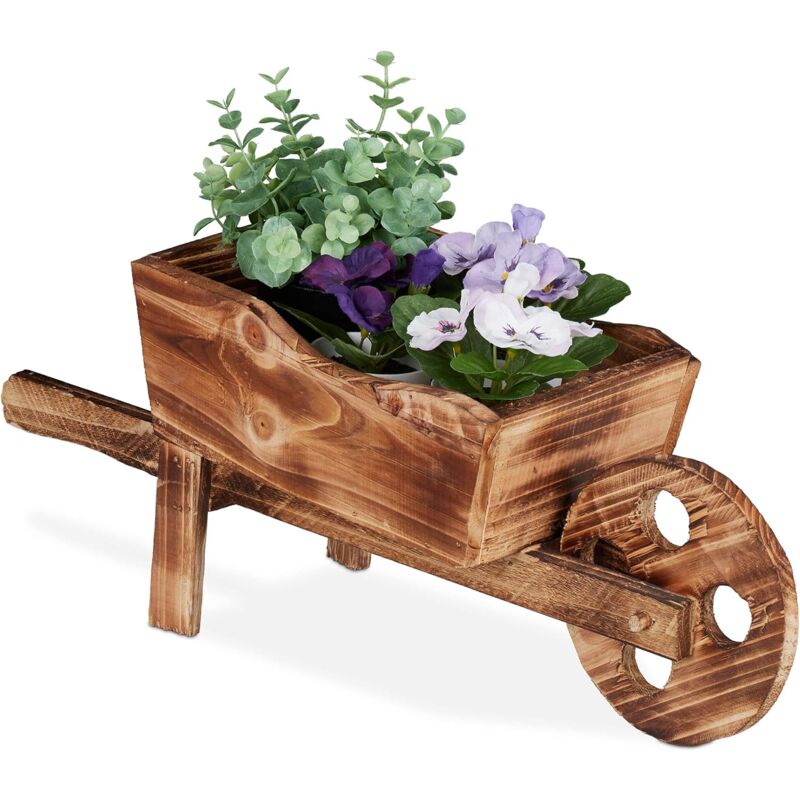 foto del prodotto carriola per piante, legno bruciato, decorazione da giardino, design vintage, hxlxp 19 x 47 x 16 cm, naturale