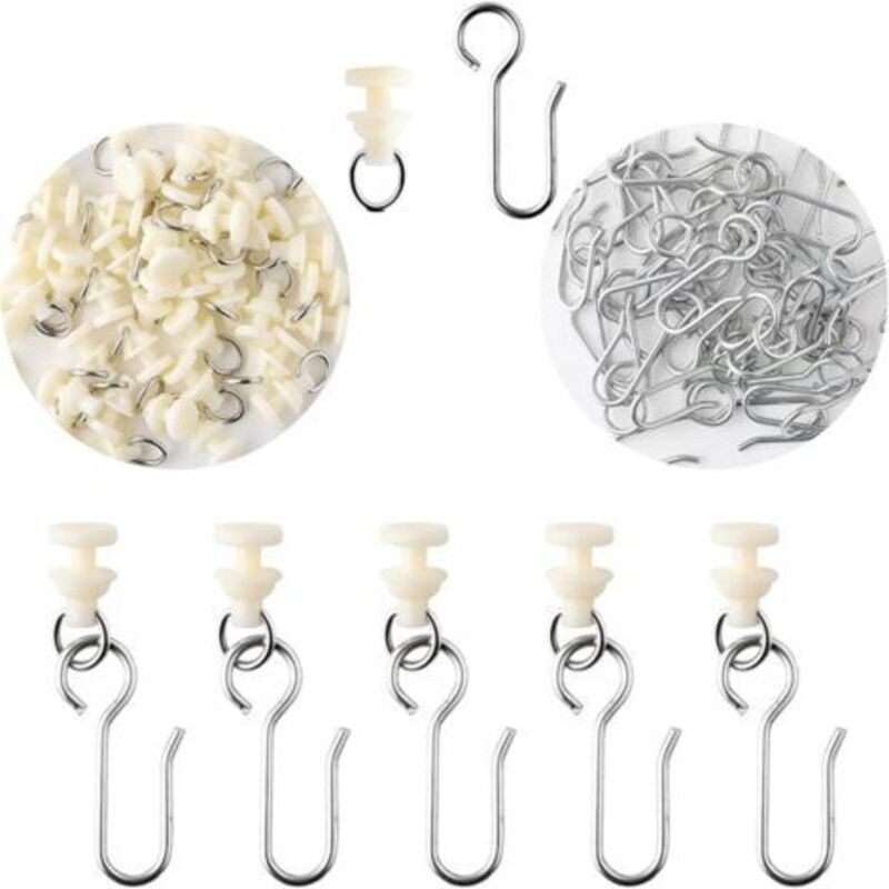 foto del prodotto confezione da 50 ganci per tende, 25 ganci e 25 cursori, per tende da finestra, tende da doccia, bianchi