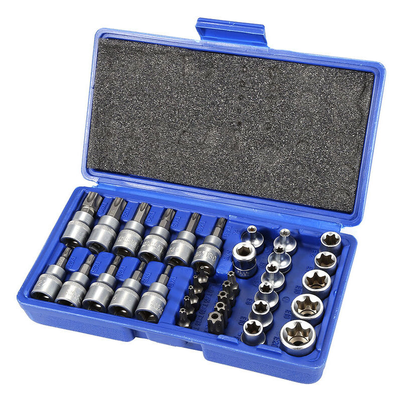 immagine 0 del prodotto set di 34 bussole torx da 3 8 , materiale cr v profilo e4 e20, inserto torx a stella da 5 16 3 8 in acciaio s2 profilo t10 t60