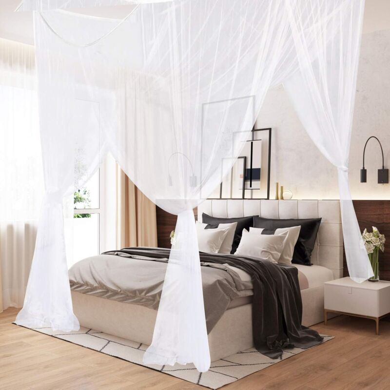 foto del prodotto zanzariera king size, baldacchino a quattro tende per lettino per neonati e adulti, ideale per campeggio e giardino, bianco
