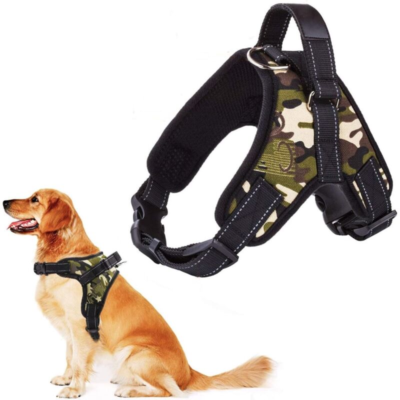 foto del prodotto pettorina sportiva per cani di taglia grande, gilet morbido e regolabile con comoda maniglia, verde mimetico