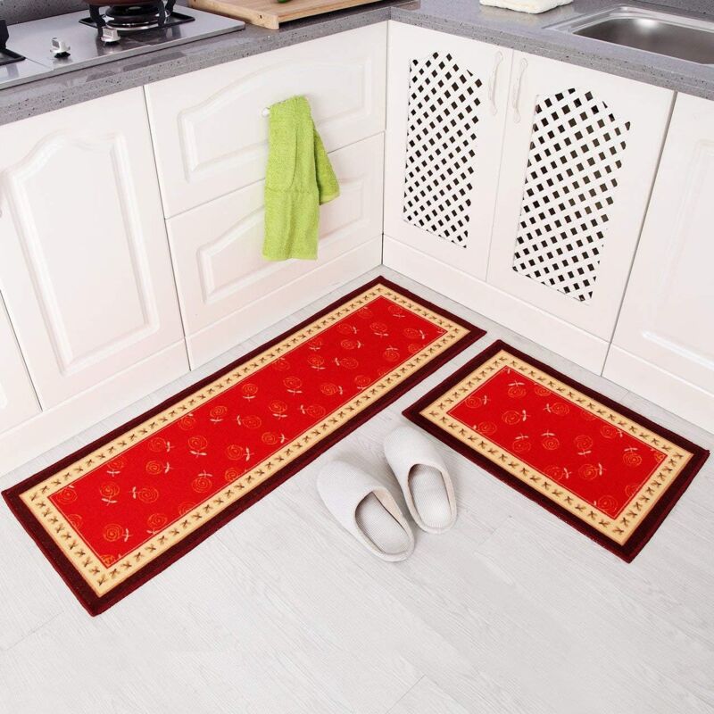 foto del prodotto tappeto da cucina 2 pezzi, antiscivolo, lavabile in lavatrice, zerbino da bagno, zerbino da cucina 40x120 40x60 cm, rosa rossa 