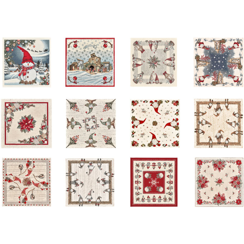 foto del prodotto tovaglia centrotavola centrino tavolo fantasie natalizie cinigliato piazzato made italy, misura90x90coloreelfo rosso