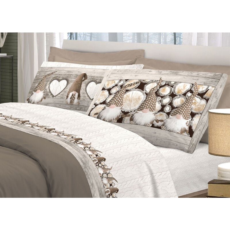 foto del prodotto completo lenzuola in morbida flanella disegno gnomi colore beige, misura1 piazza e mezzacolorebeige