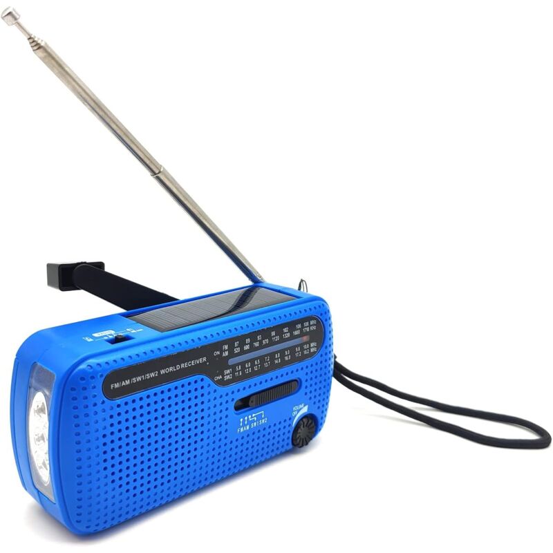 foto del prodotto radio di emergenza solare multifunzione a dinamo radio fm am torcia elettrica ricevitore mondiale vari colori blu 