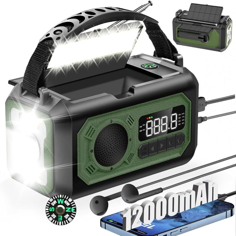 foto del prodotto radio solare am fm da 12000 mah con manovella, 2 pannelli solari, cavo usb, 3 metodi di ricarica, allarme sos, torcia elettrica, caricabatteria per