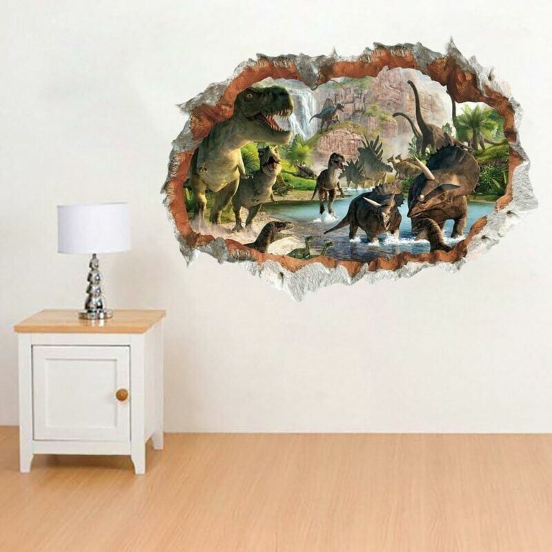 foto del prodotto adesivo da parete 3d dinosauri nel fiume, effetto speciale 3d, vista esterna al muro crepato, rimovibile, fai da te, decorazione da parete in