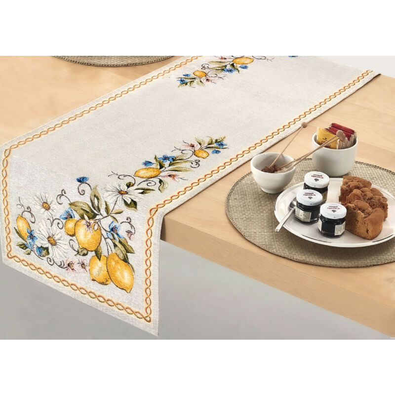 foto del prodotto tovaglia copritavolo centrino runner tavola fantasia estate limoni made in italy, misura90x90colorelimoni
