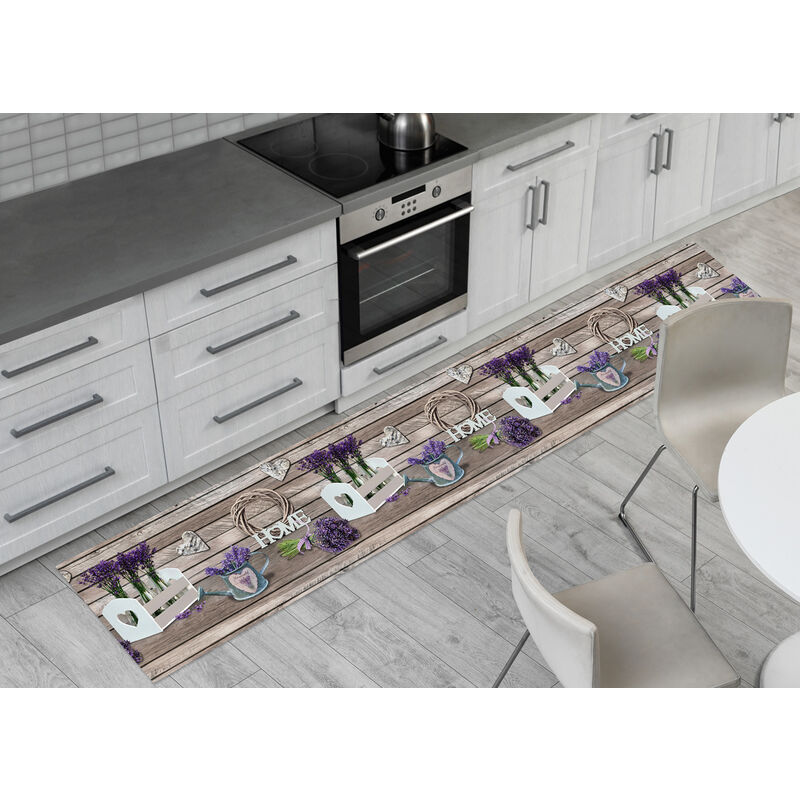 foto del prodotto tappeto passatoia cucina antiscivolo stampa digitale disegno lavanda legno, misura50x90colorelavanda