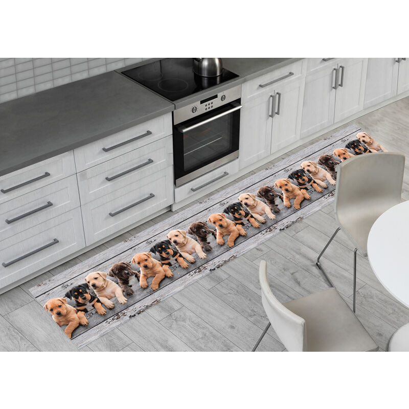 foto del prodotto tappeto passatoia antiscivolo con stampa digitale dis. cani legno, misura50x140colorecani legno