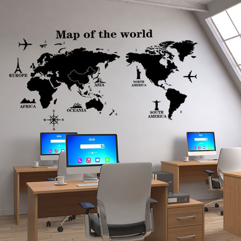 foto del prodotto sollbry adesivi murali mappa del mondo, mappa internazionale nera inglese, rimovibili, adesivi murali in pvc, decorazioni murali per camerette,