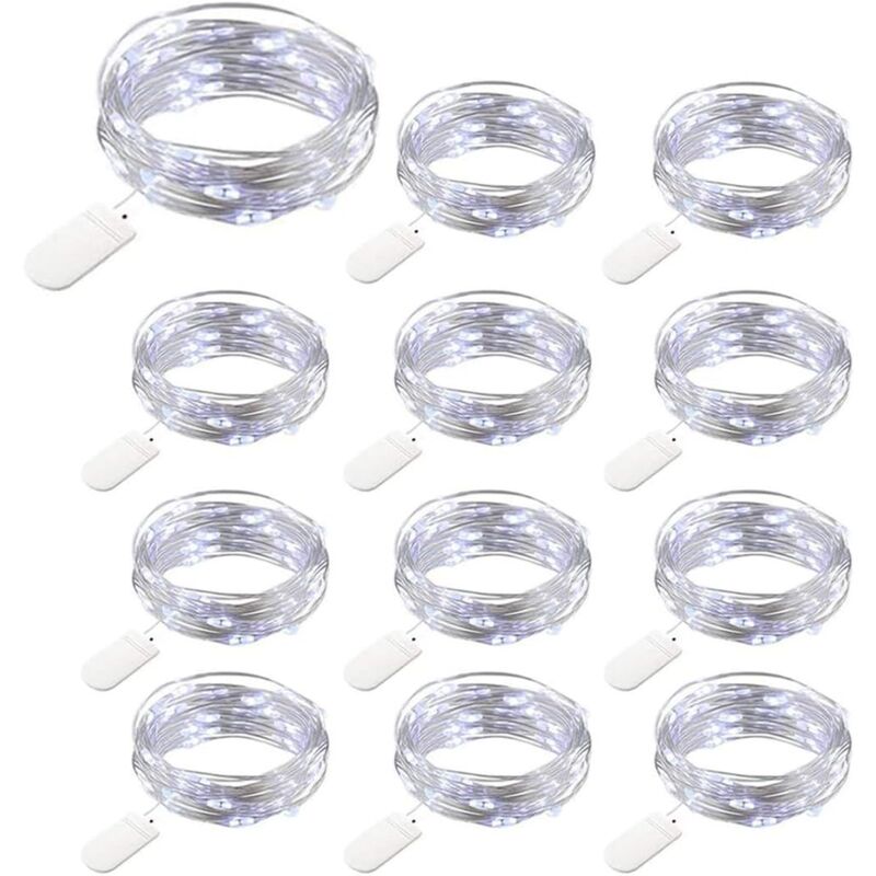 immagine 0 del prodotto 12 confezioni di luci a stringa a batteria, 20 led 2 m di luci a stringa in rame, ip65 impermeabile, filo d argento, luce bianca fredda per natale,