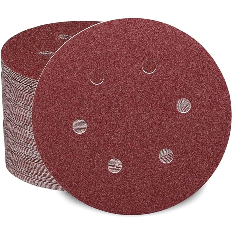 foto del prodotto 100 dischi abrasivi da 150 mm, grana 40 60 80 120 180 240 320 400 600 1000, 6 fori, ideali per levigatura lucidatura rimozione della ruggine.