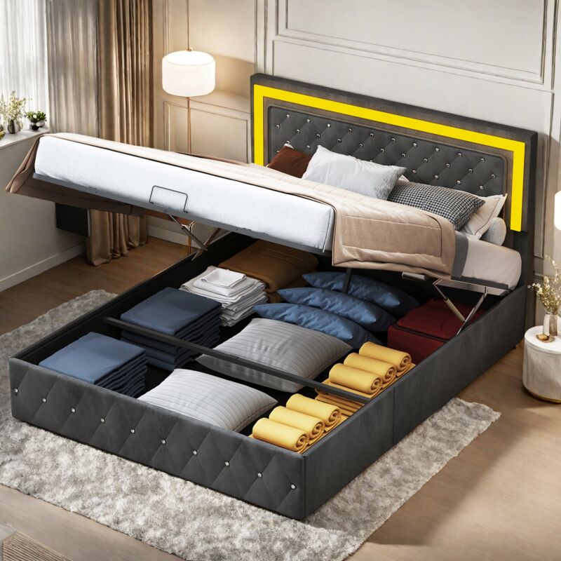 immagine 0 del prodotto letto contenitore 140x190 cm, con illuminazione a led, sistema idraulico contenitivo, bottoni in cristallo artificiale, rete a doghe, letto imbottito