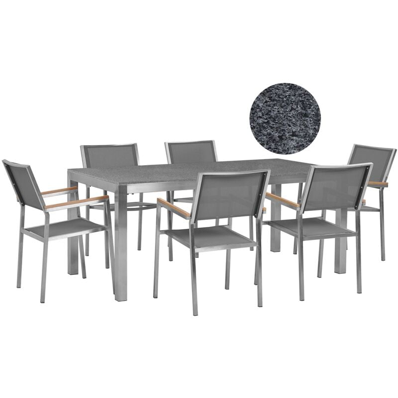 foto del prodotto set da giardino tavolo con piano granito grigio 6 sedie grigie 180 x 90 cm grosseto
