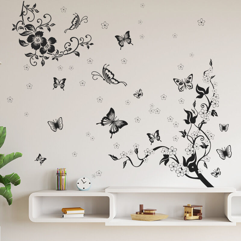 foto del prodotto sollbry adesivi murali ramo di albero nero adesivi murali farfalla e fiori adesivi decorativi per bagno soggiorno camera da letto bambini neonati