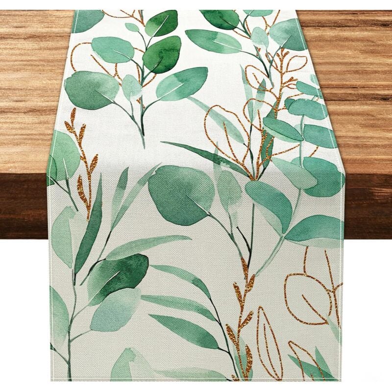 foto del prodotto sollbry runner da tavolo con motivo a foglie verdi, decorazione rustica per tavolo primaverile ed estivo, per tavolo da cucina in stile boh mien,