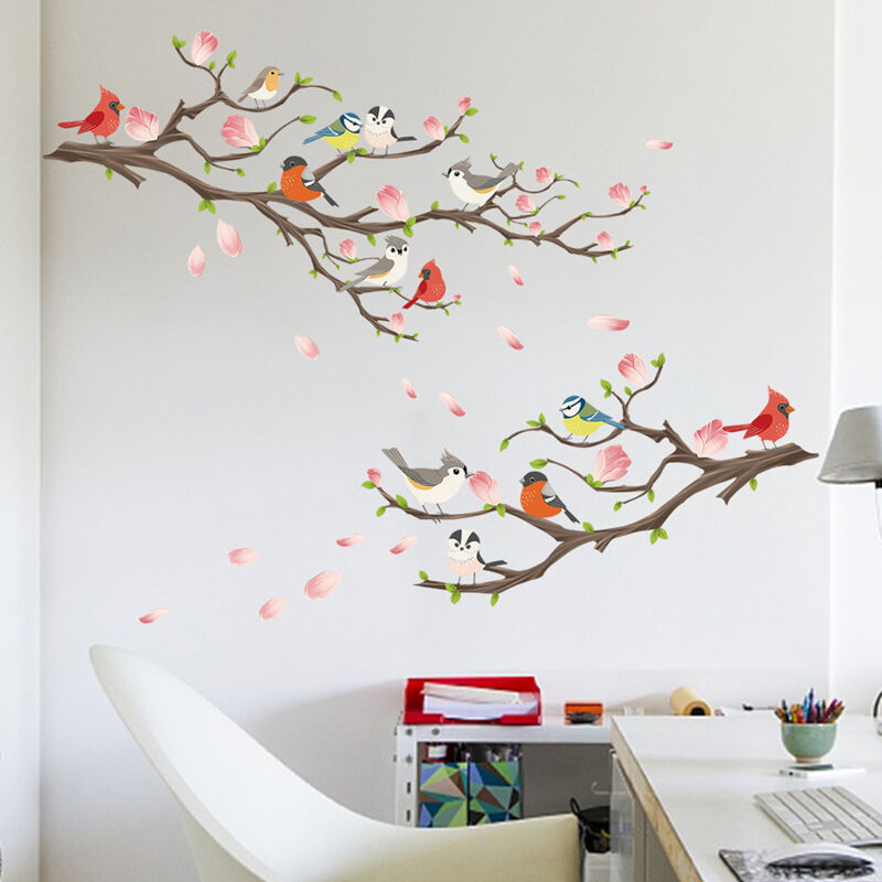 foto del prodotto sollbry pezzi adesivi murali ramo albero uccelli adesivi murali fiori piante adesivi decorativi soggiorno camera da letto bambini decorazione per
