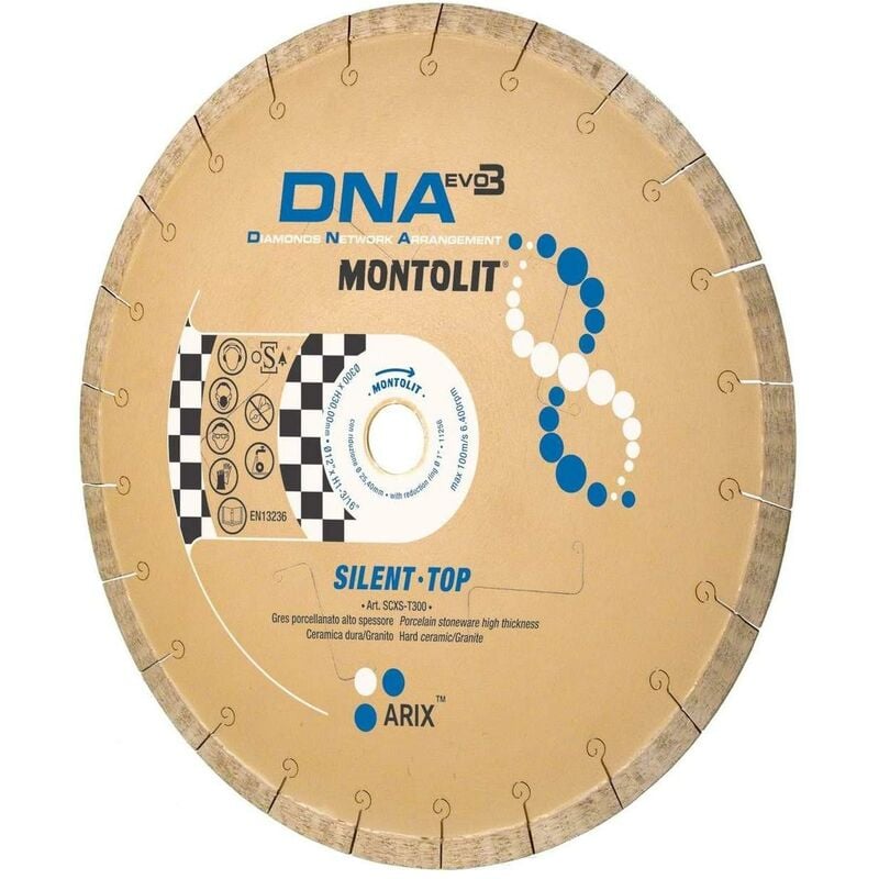 foto del prodotto disco diamantato 200 mm silenziato montolit dna scxs t200 per gres ceramica granito