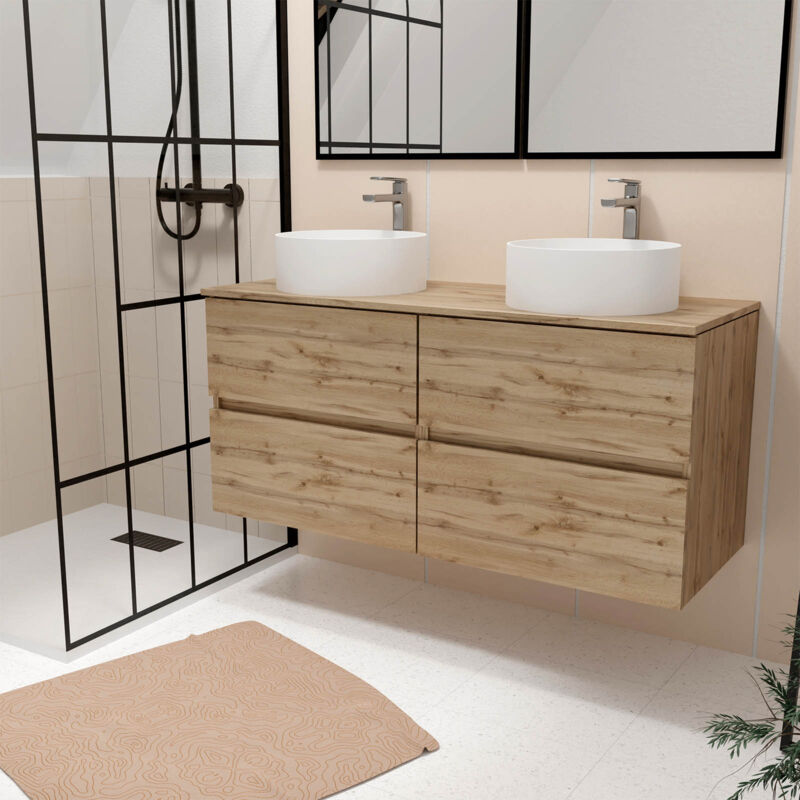 foto del prodotto aurlane mobile bagno 120cm 4 cassetti rovere naturale 2 lavabi rotondi 36cm ceramica bianca