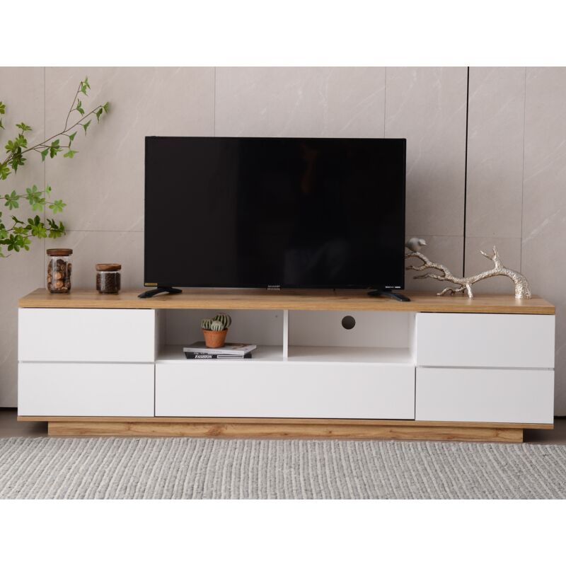 foto del prodotto mobile tv moderno in legno bianco 5 ante, 8 scomparti, credenza bassa per soggiorno 180x38x46 cm