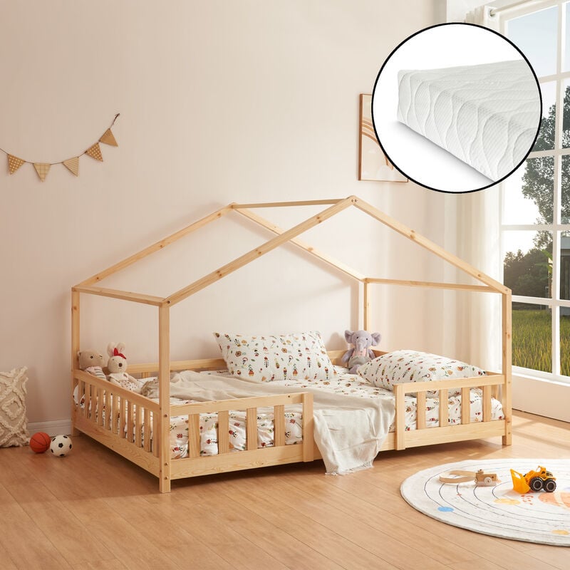 foto del prodotto letto per cameretta treviolo a forma di casetta con materasso 140x200 cm legno naturale en.casa neu.haus 