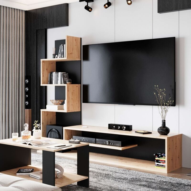 foto del prodotto mobile tv snake per soggiorno e sala da pranzo in rovere artisan nero o rovere sonoma nymphaea alba con 4 ripiani 160x130x29 cm