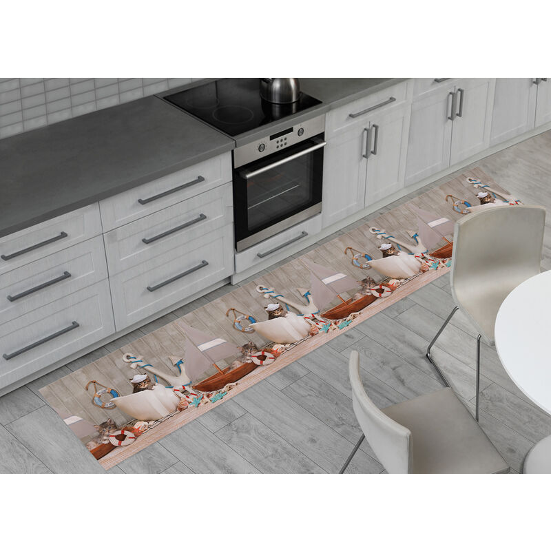 foto del prodotto tappeto passatoia cucina antiscivolo sottolavello digitale dis. gatto marinaro, misura50x50coloregatto marinaro