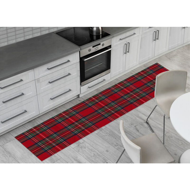 foto del prodotto tappeto passatoia con retro antiscivolo disegno natalina lurex tartan scozzese rosso, misura50x280colorenatalina