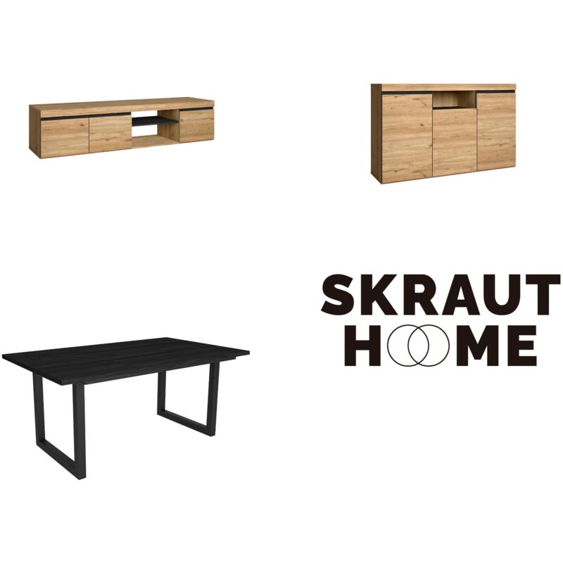 foto del prodotto skraut home set di mobili per il soggiorno, tavolo 170 nera piedi u 8 commensali, mobile tv 160, madia credenza 140, rovere e nero, stile