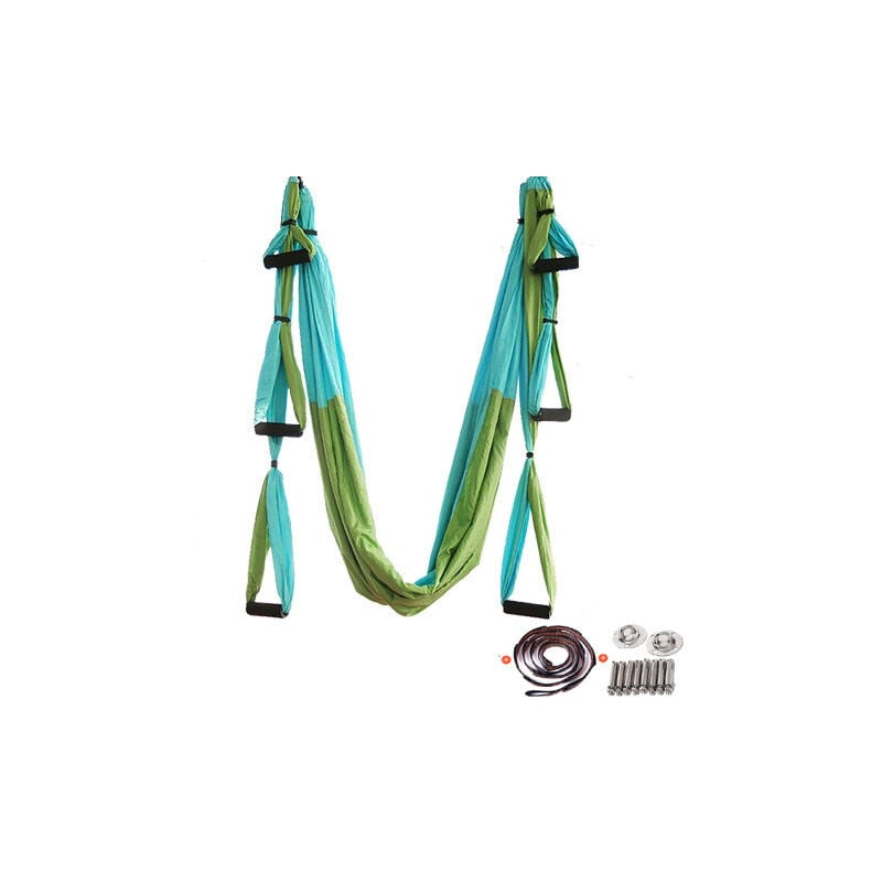 foto del prodotto set amaca yoga altalena yoga aerea da 2,5 m con 6 maniglie, accessori e borsa cinghia elastica per allungare le gambe per il fitness